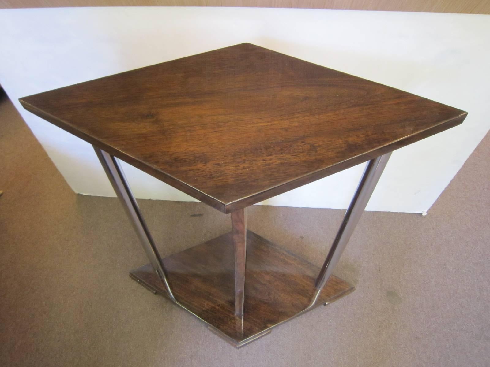 French Art Deco Unusual Diamond Shaped Walnut Side Table with Nickel Supports For Sale 7