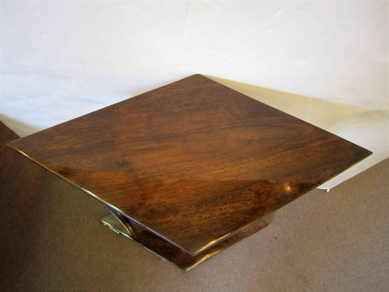 French Art Deco Unusual Diamond Shaped Walnut Side Table with Nickel Supports In Good Condition For Sale In New York City, NY