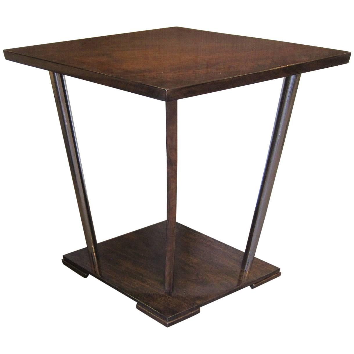 French Art Deco Unusual Diamond Shaped Walnut Side Table with Nickel Supports