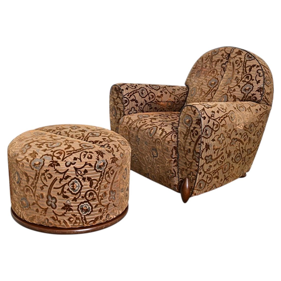 French Art Deco Armchair and Ottoman Set, Cut Velvet, Circa 1930