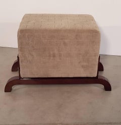 French Art Deco Upholstered Walnut Stool with Curved Legs, 1930s