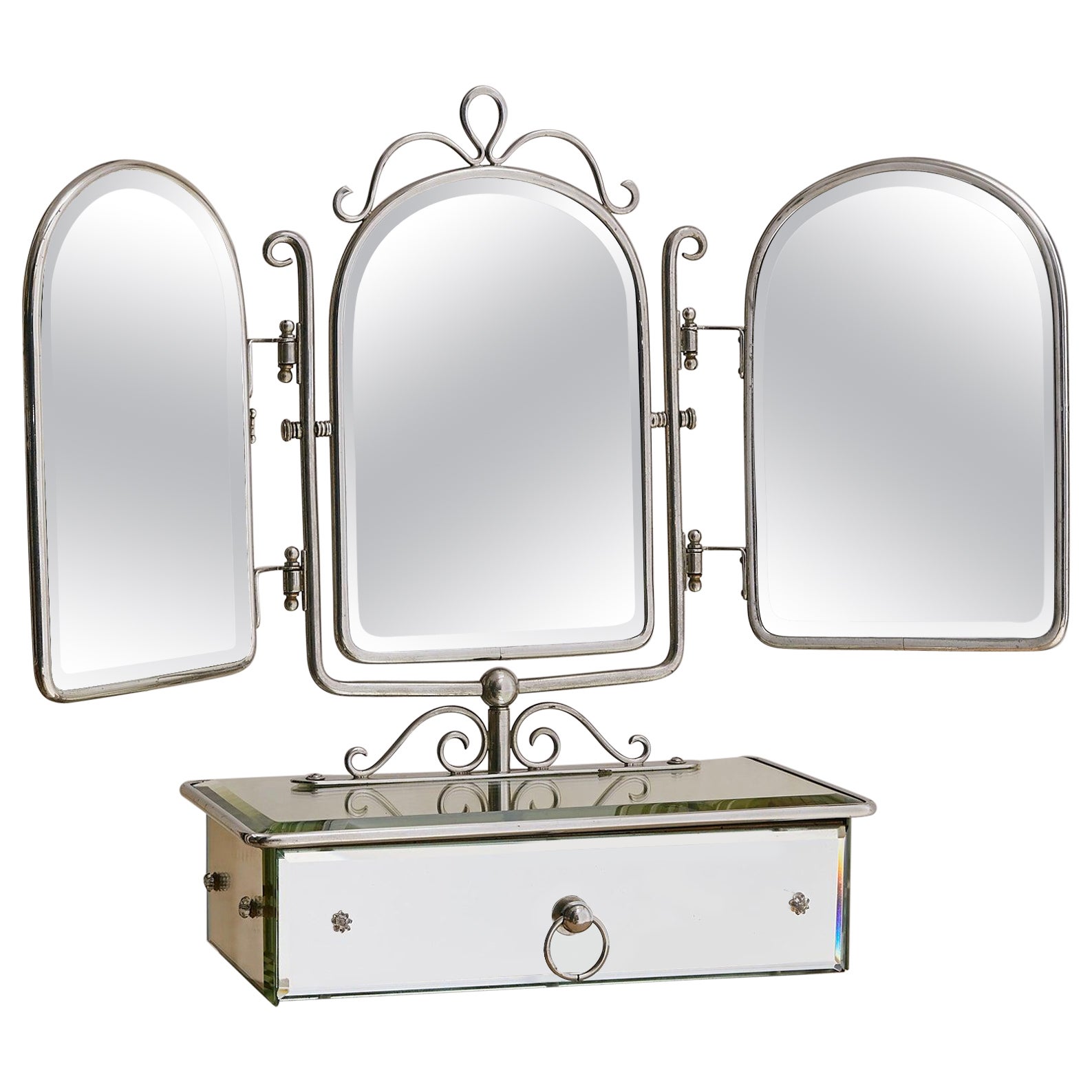 French Art Deco Vanity Mirror with Drawer, 1930s