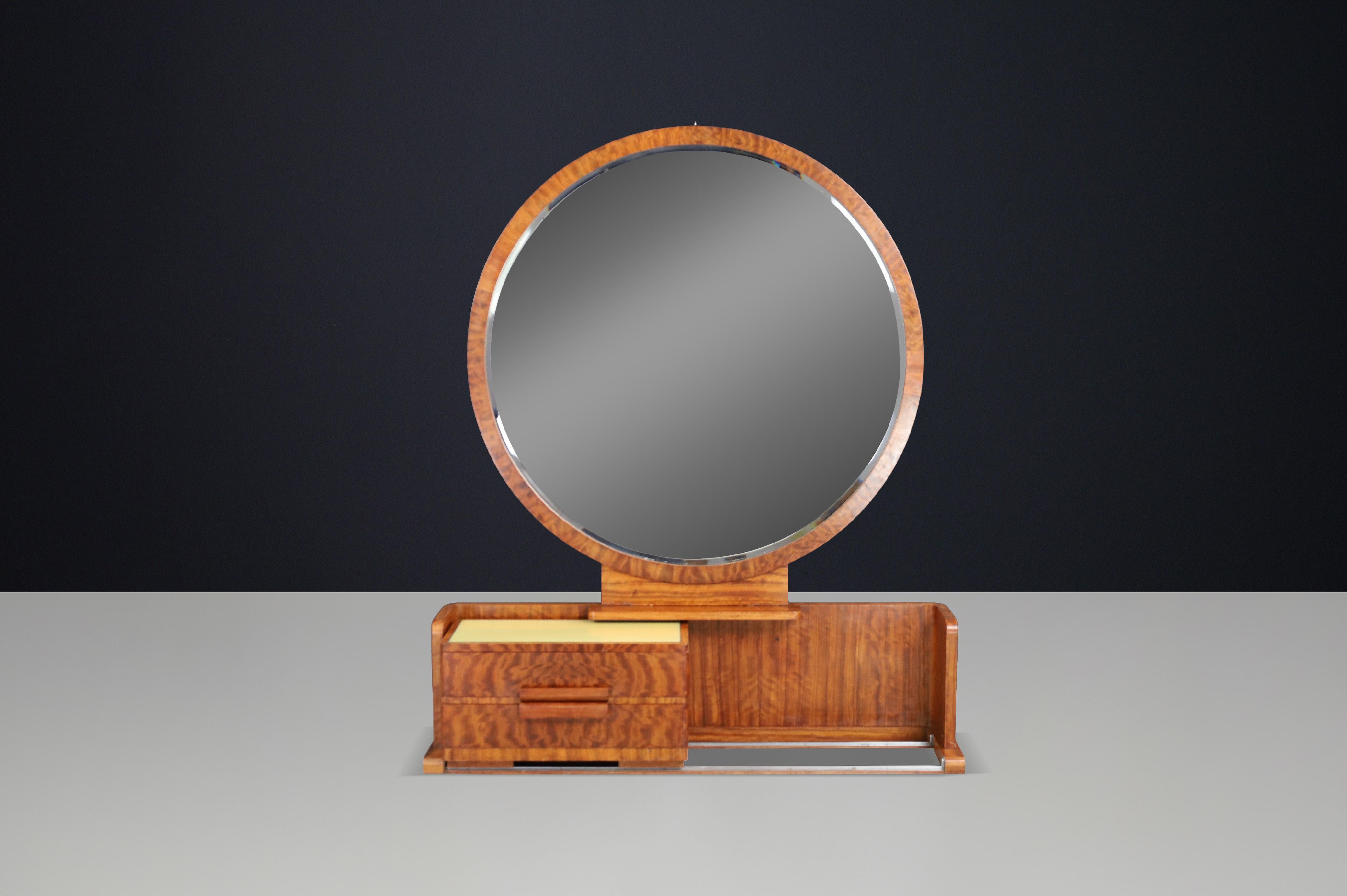 Vanity francese Art Déco con mobile centrale scorrevole e sgabello, anni '30 in vendita 6