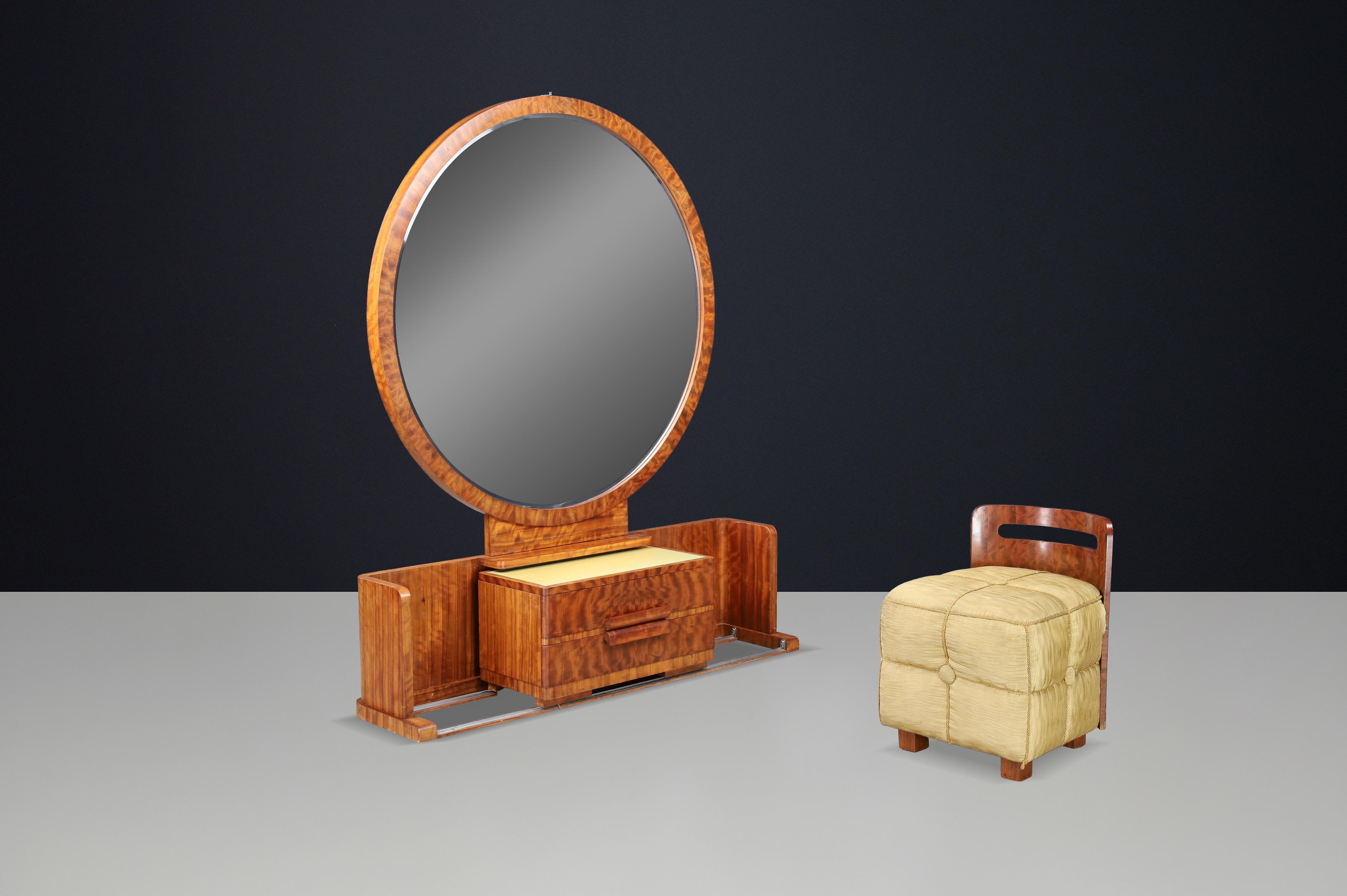 Francese Vanity francese Art Déco con mobile centrale scorrevole e sgabello, anni '30 in vendita