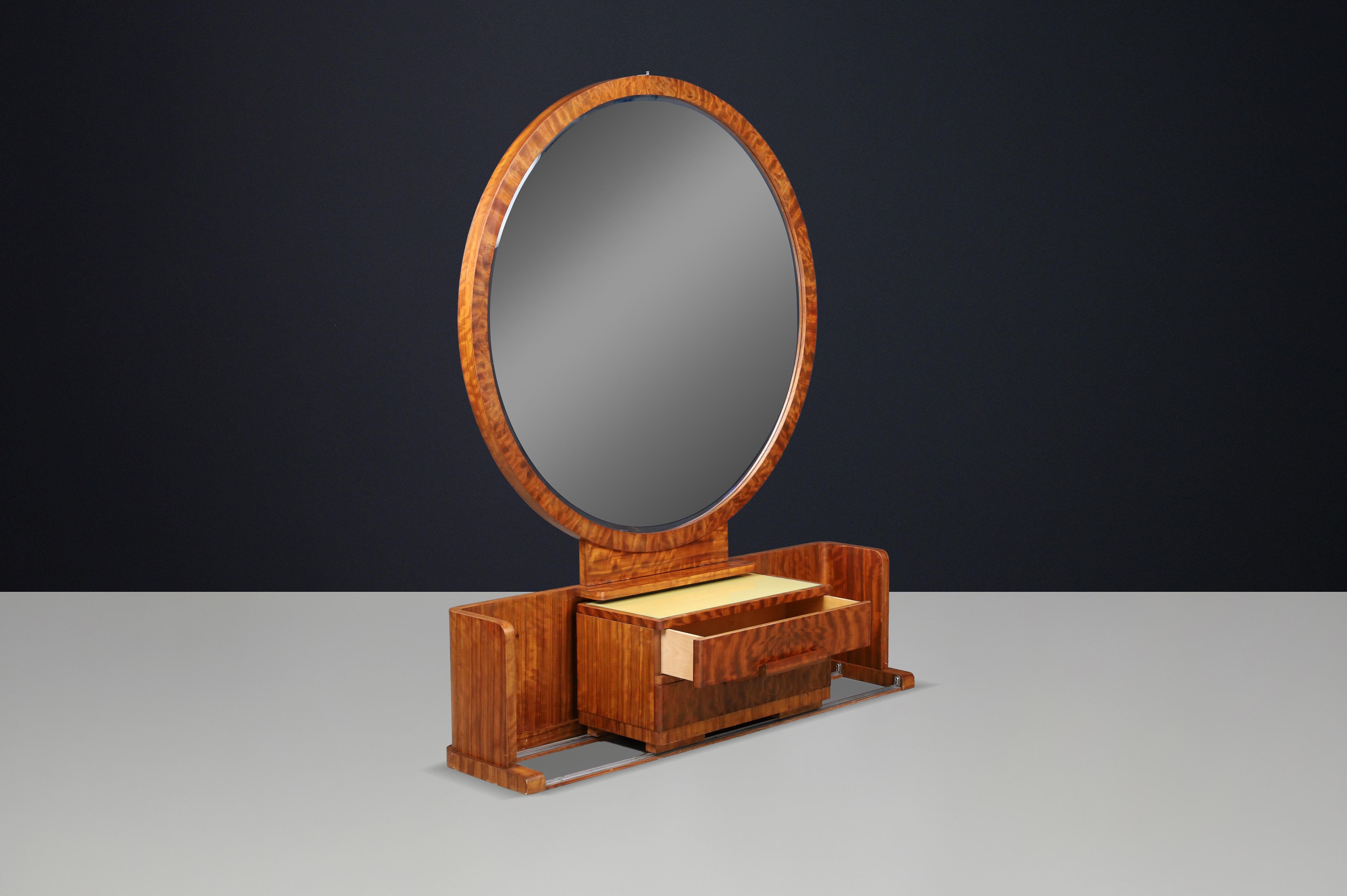 Metallo Vanity francese Art Déco con mobile centrale scorrevole e sgabello, anni '30 in vendita