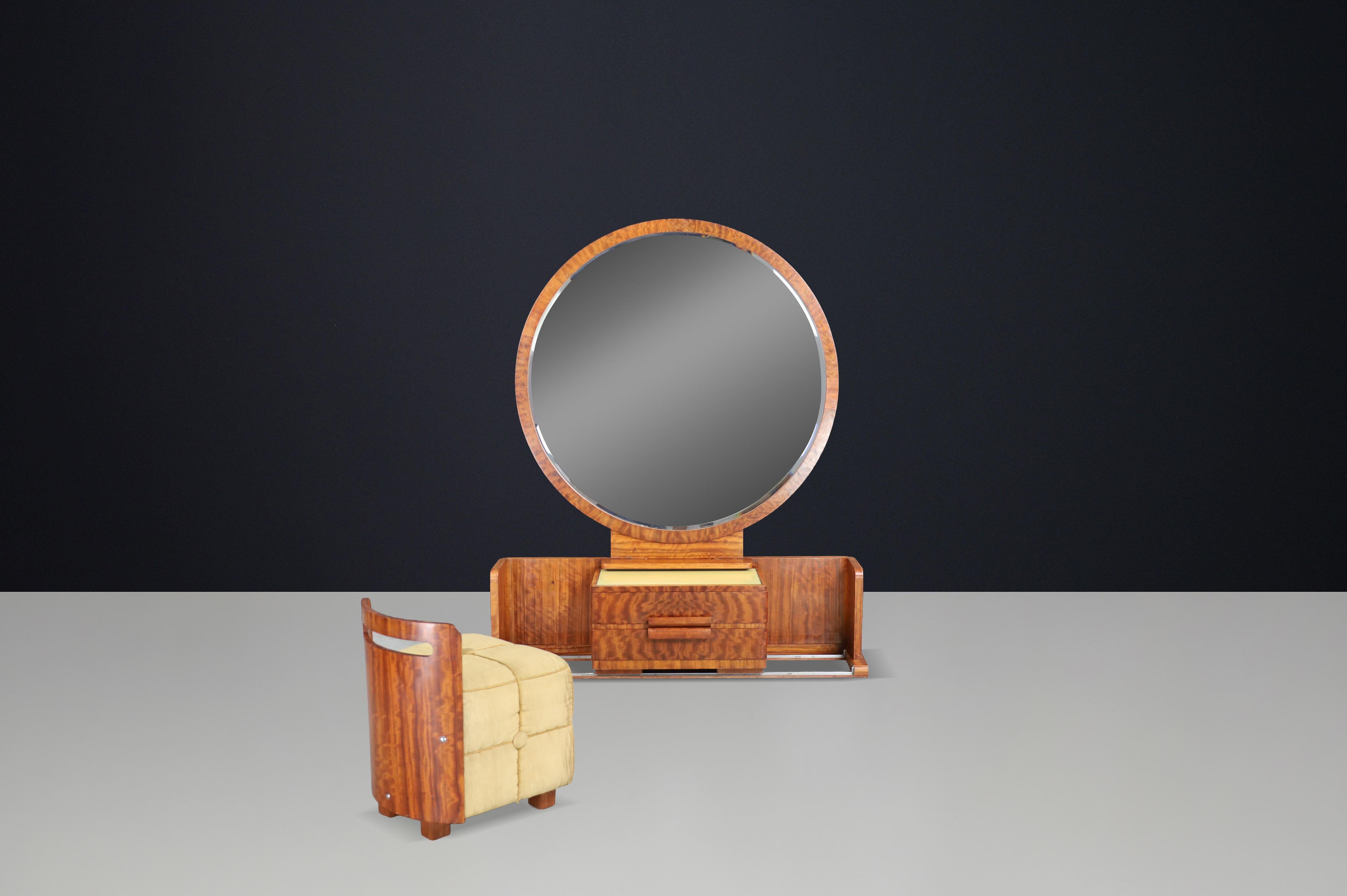 Vanity francese Art Déco con mobile centrale scorrevole e sgabello, anni '30 in vendita 3