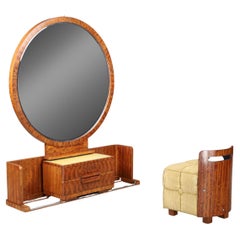 French Art Deco Vanity with Sliding Center Cabinet and Stool, 1930s French Art Deco Vanity with Sliding Center Cabinet and Stool, 1930s