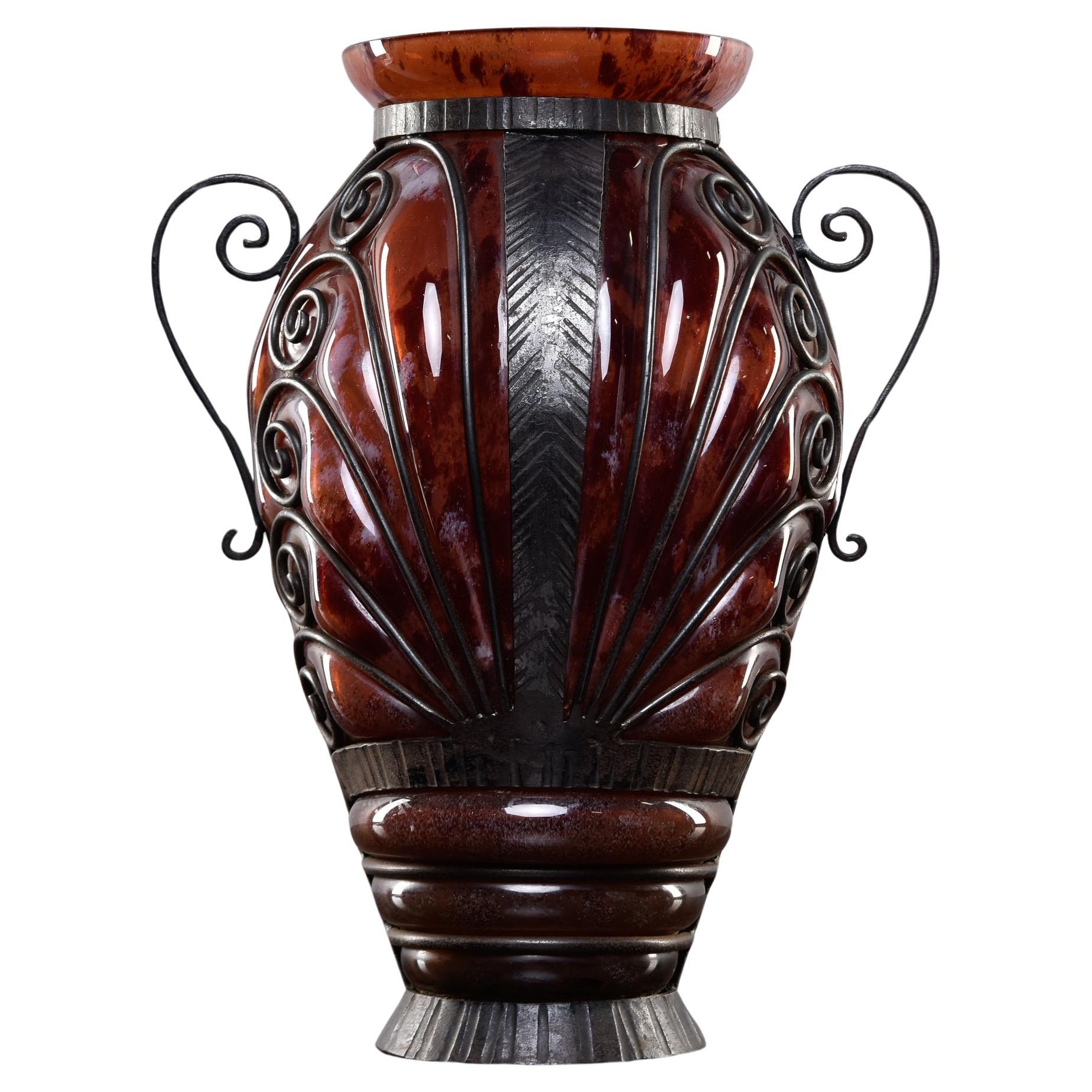 French Art Deco Variegated Red Art Glass Vase With Iron Surround