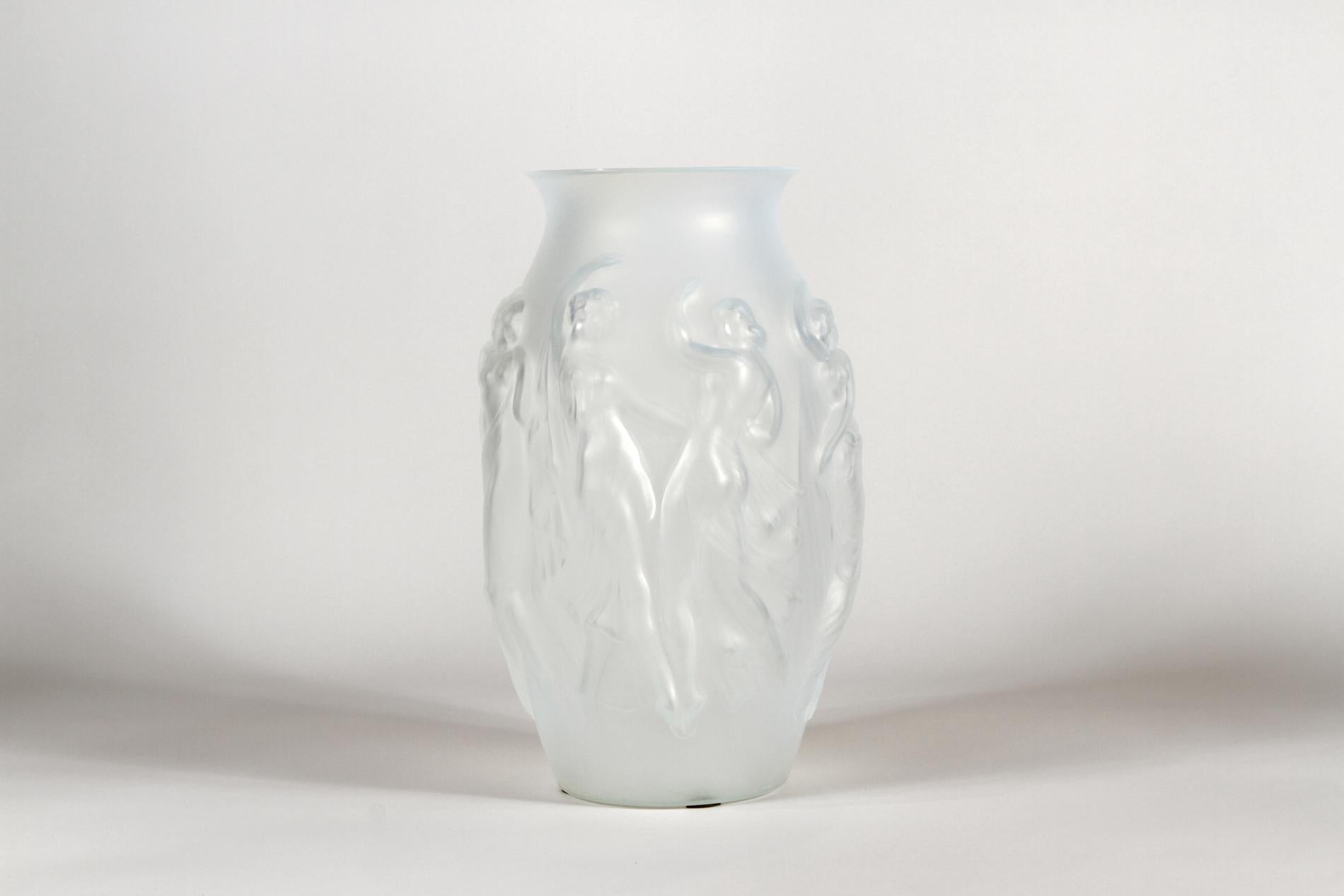 French Art Deco opalescent pressed glass vase decorated with draped women by Sabino model 