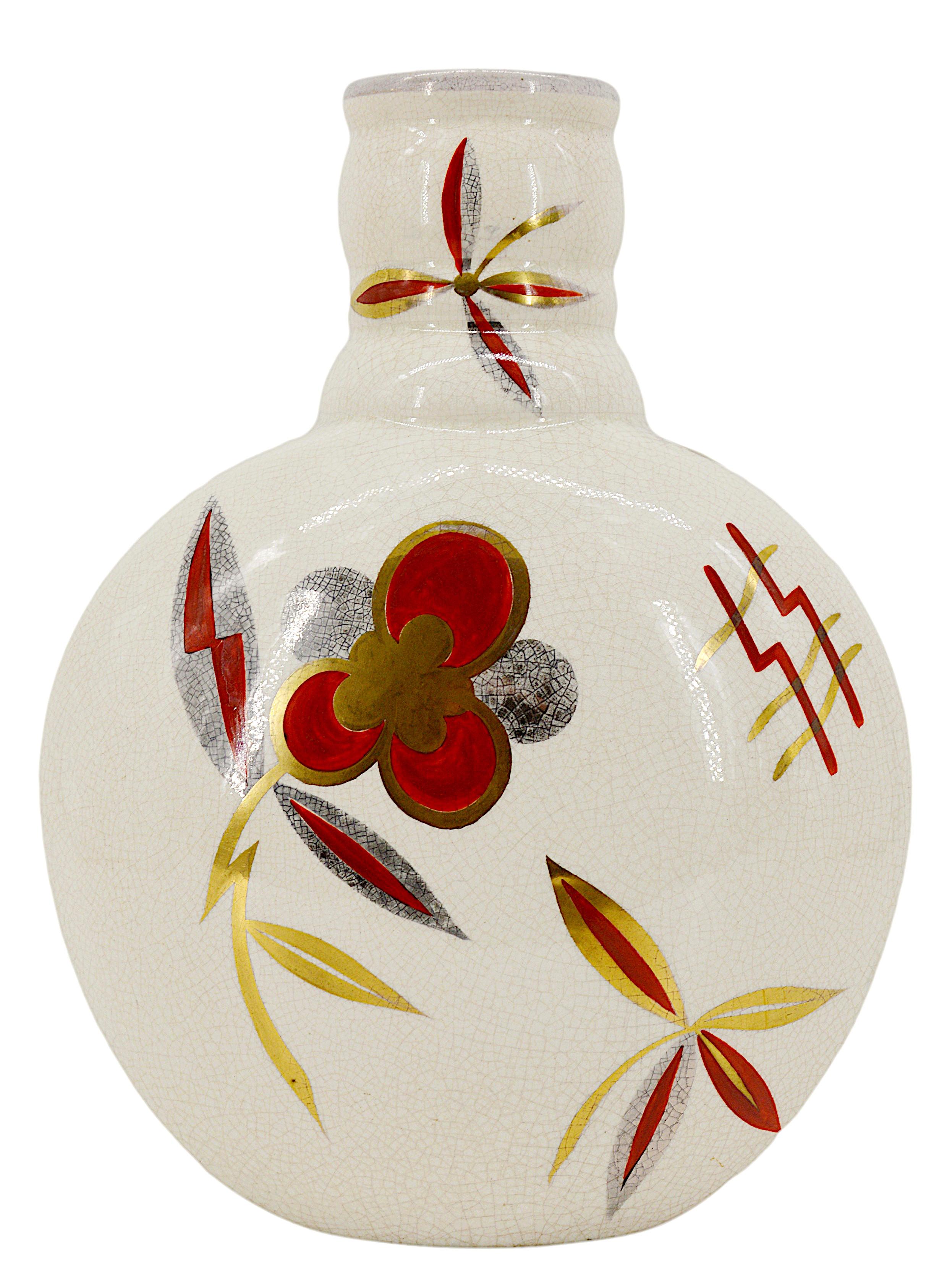 French Art Deco ceramic vase by Sainte-Radegonde, France, 1930s. Double stylized floral decoration on a crackle glaze ceramic. Measures: height: 12.8