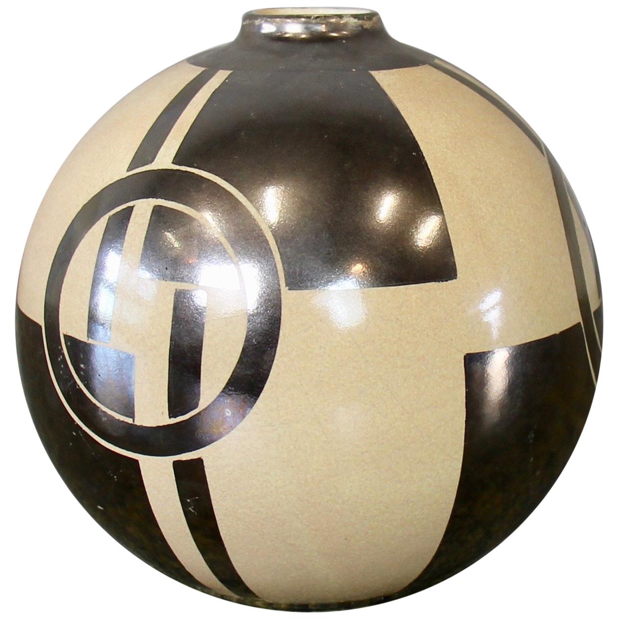 French Art Deco Vase, Ceramic with Geometric Patterns