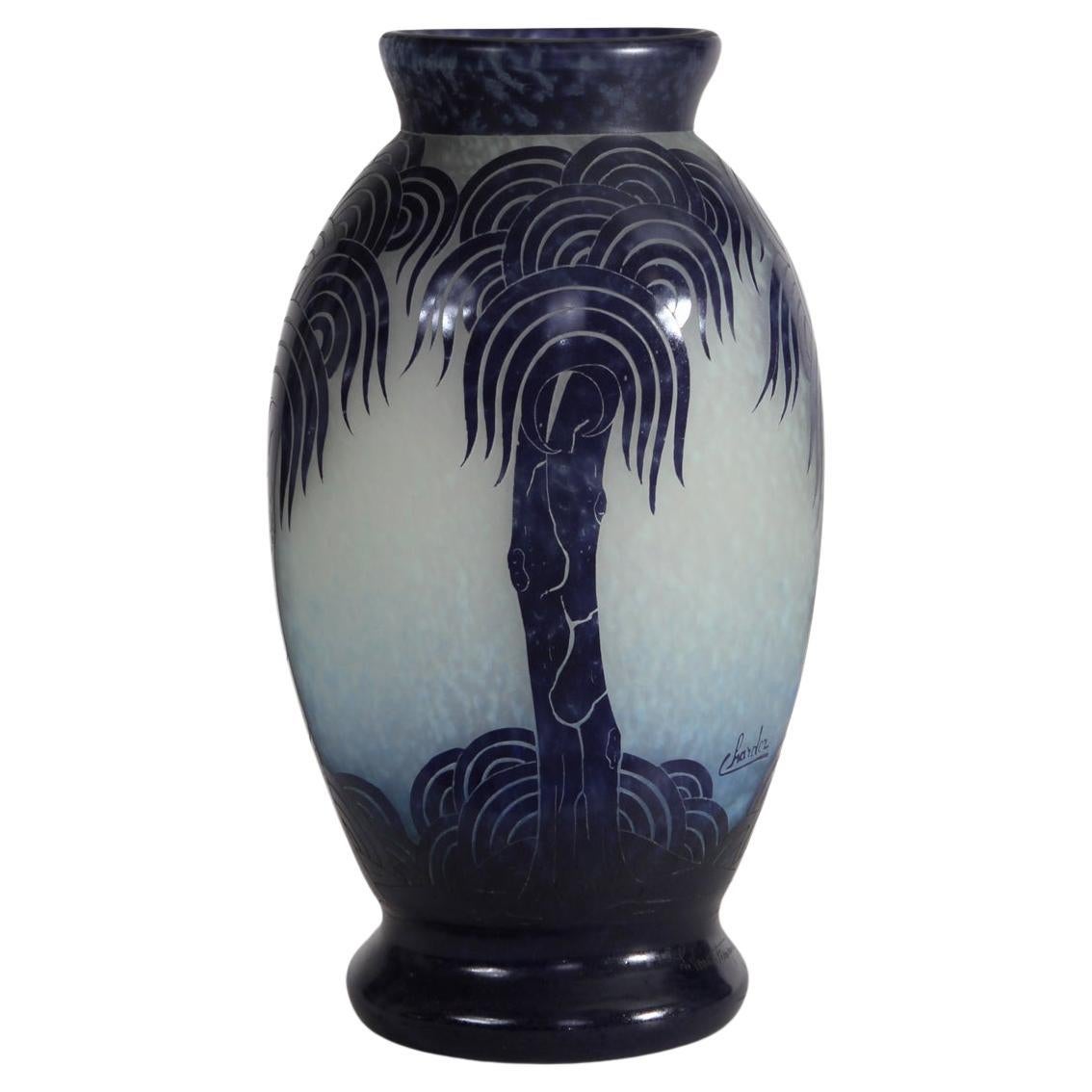 Französische Art Deco Vase CHARDER von Le Verre Français " Palmiers bleus " Modell