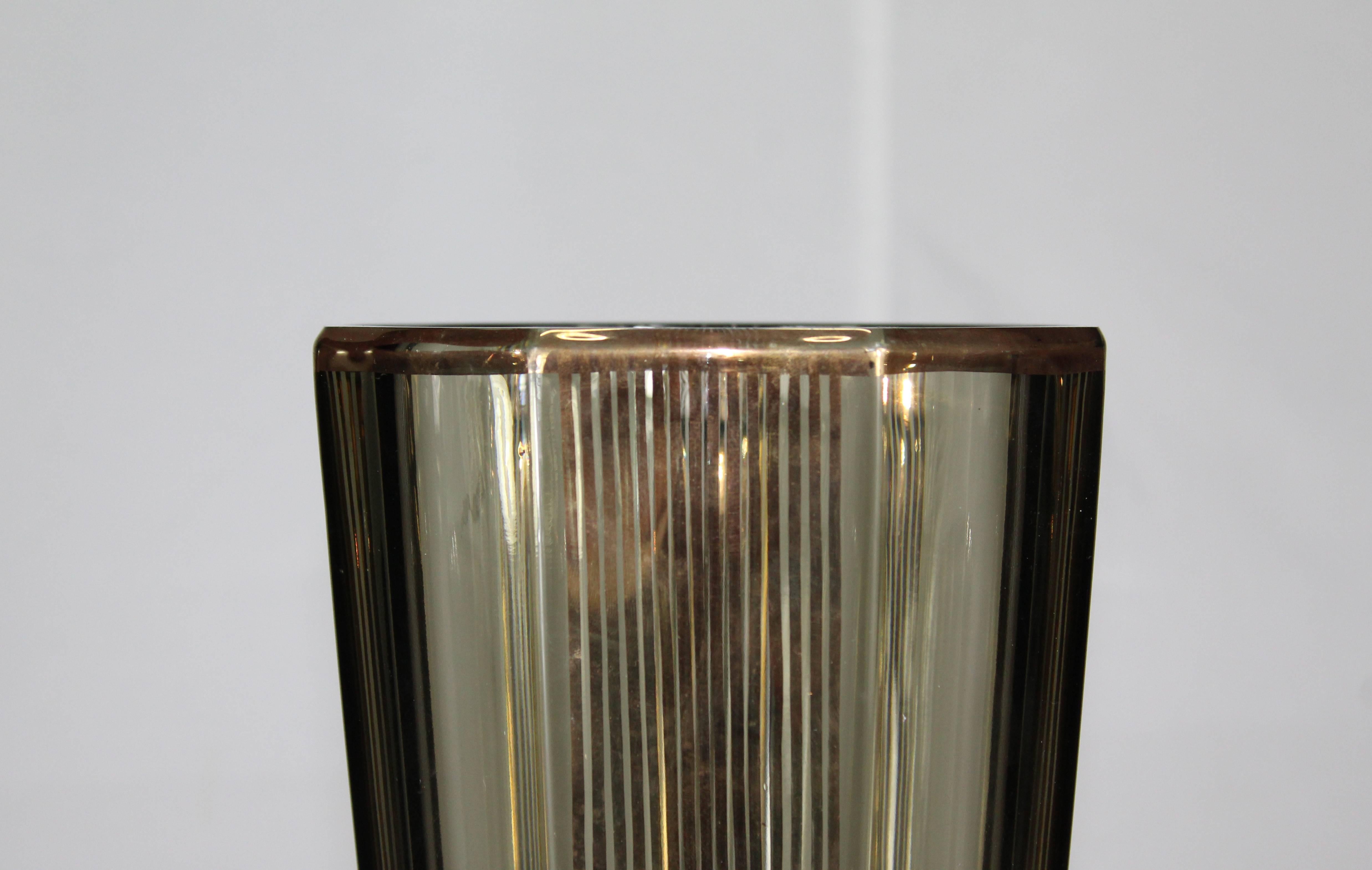 French Art Deco Vase Smoked Glass with Gold Stripes, 1940s 4