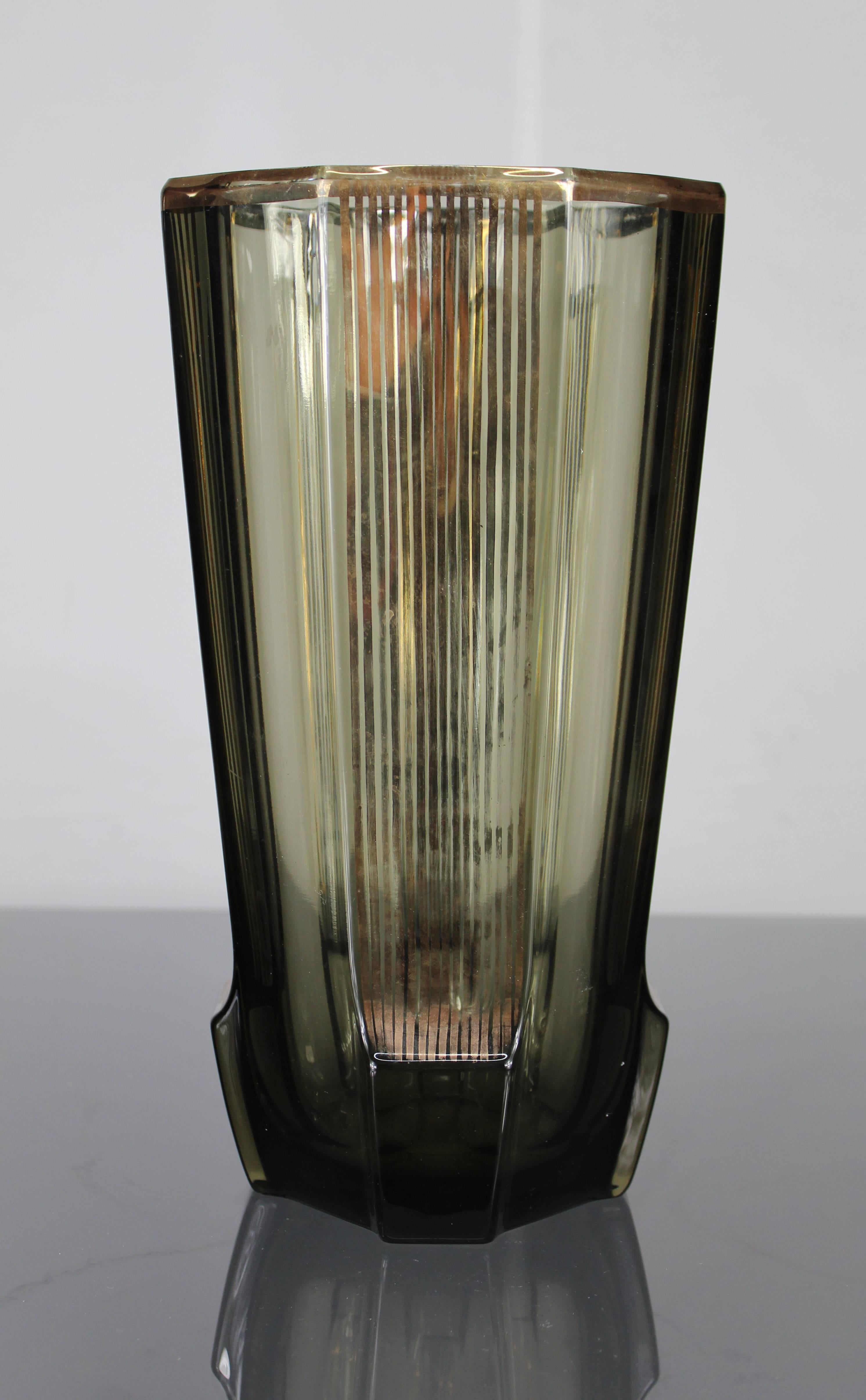 French Art Deco Vase Smoked Glass with Gold Stripes, 1940s 5