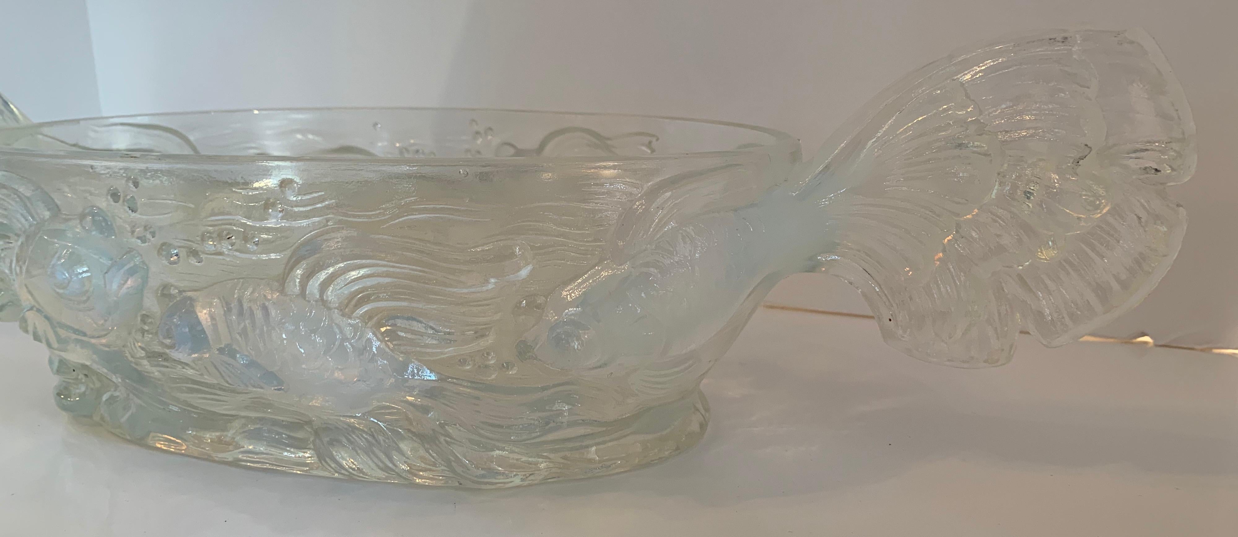 20th Century French Art Deco Verlys Opalescent Glass Poissons Koi Fish Oval Centerpiece Bowl