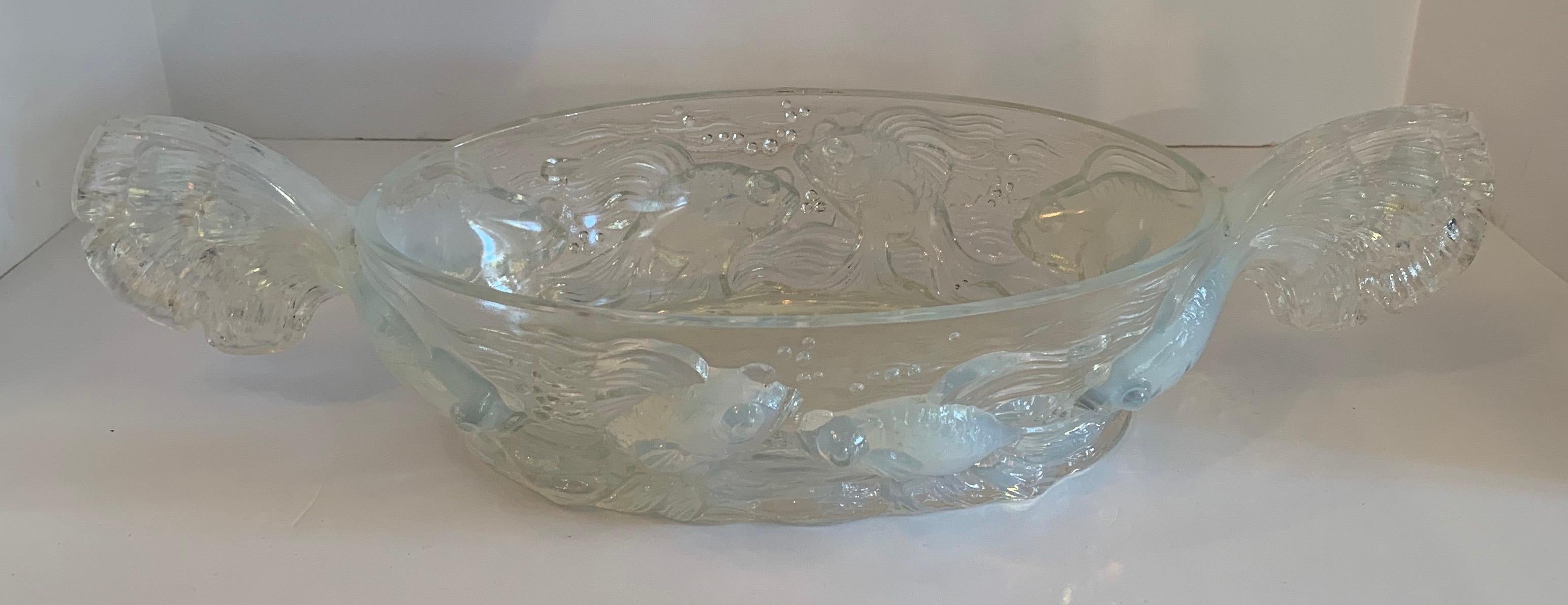 French Art Deco Verlys Opalescent Glass Poissons Koi Fish Oval Centerpiece Bowl 1