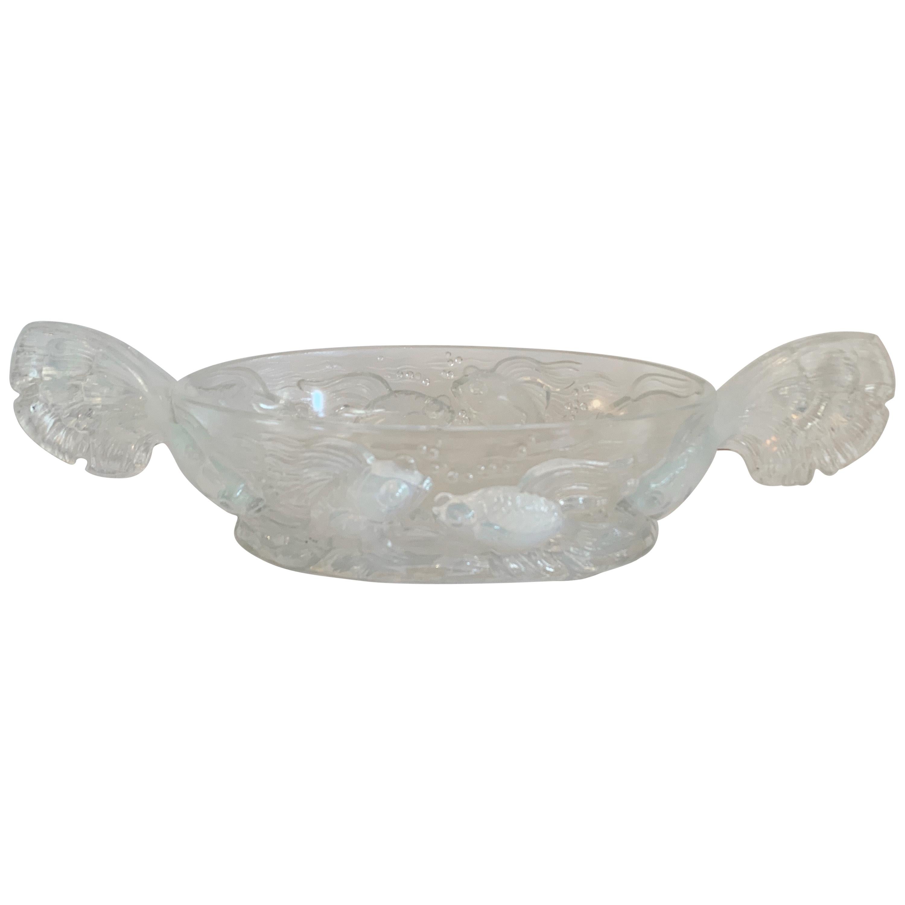 French Art Deco Verlys Opalescent Glass Poissons Koi Fish Oval Centerpiece Bowl
