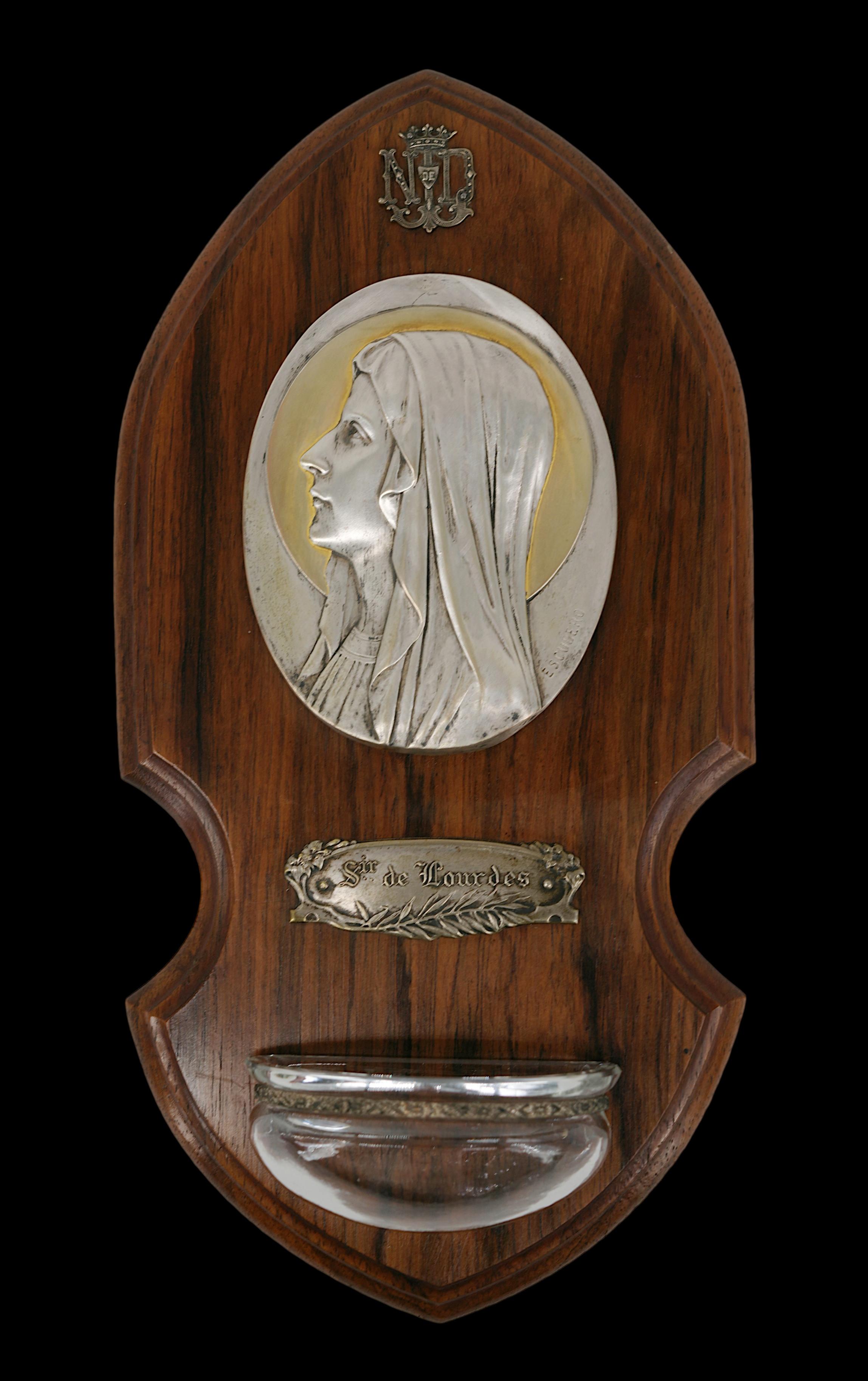 French Art Deco holy water font by Escudero, France, ca.1920. Madonna - Notre-Dame-de-Lourdes. Metal and noble wood. Height : 9.25