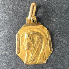 French Art Deco Virgin Mary 18K Yellow Gold Religious Charm Medal Pendant