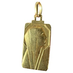 French Art Deco Virgin Mary 18K Yellow Gold Religious Charm Medal Pendant