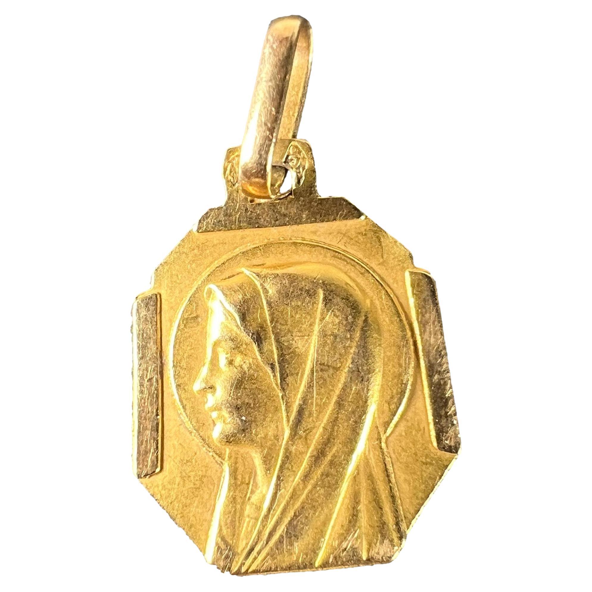 Colgante Medalla Encanto Religioso Art Decó Francés Virgen María Oro Amarillo 18K