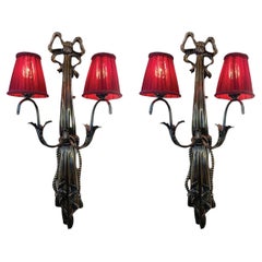 French Art Deco Wall Lights, Bronze 
Dark Red Fabric, Circa 1930 Pair