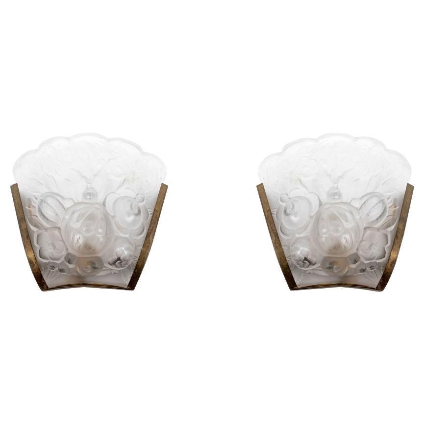 French Art Deco Wall Sconces by Baccarat, Frosted Crystal & Brass For Sale