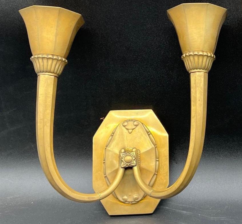 French Art Deco wall-sconces, gilded cast bronze.