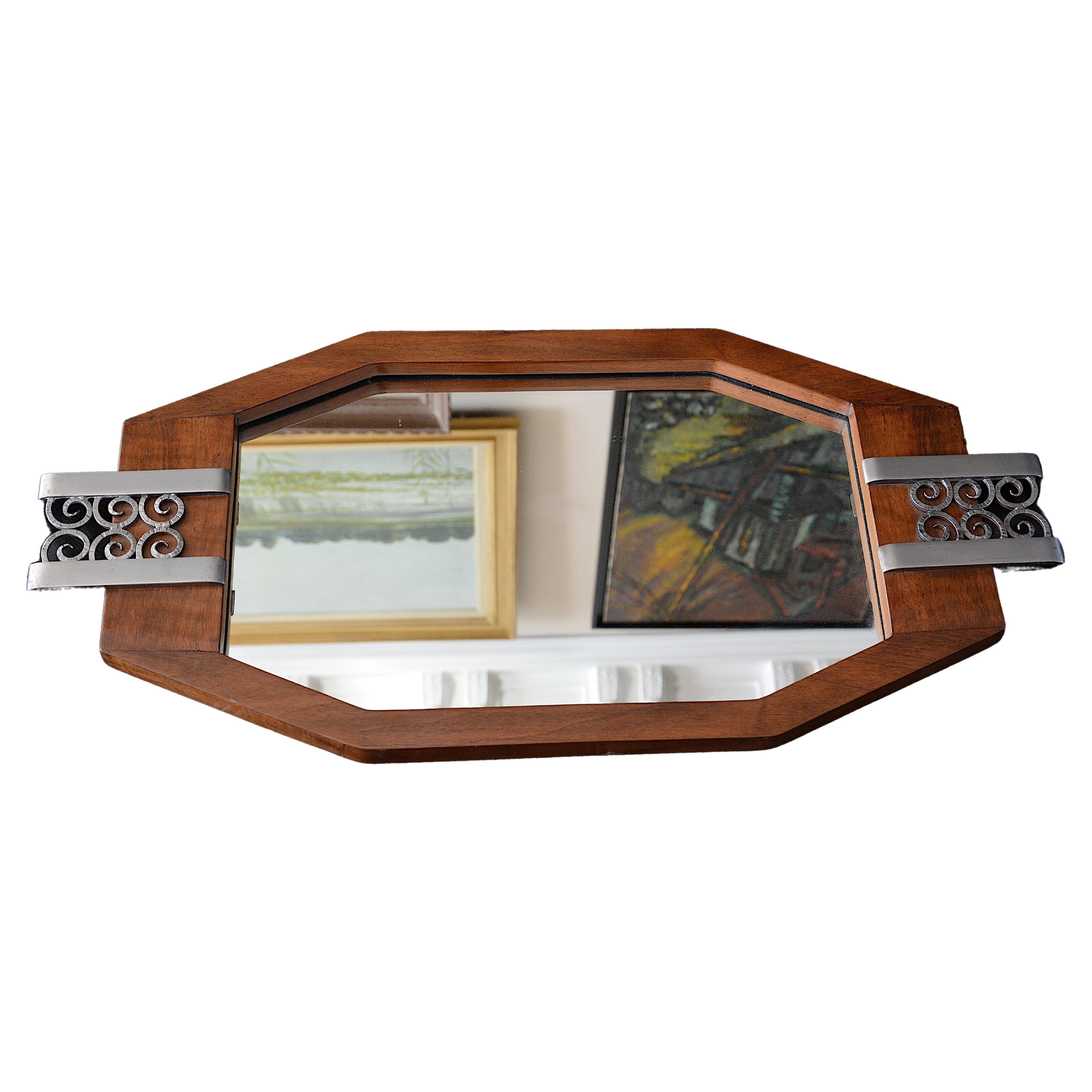 French Art Deco tray, France, 1930. Walnut, wrought iron and mirror. Measures: Width 18.1