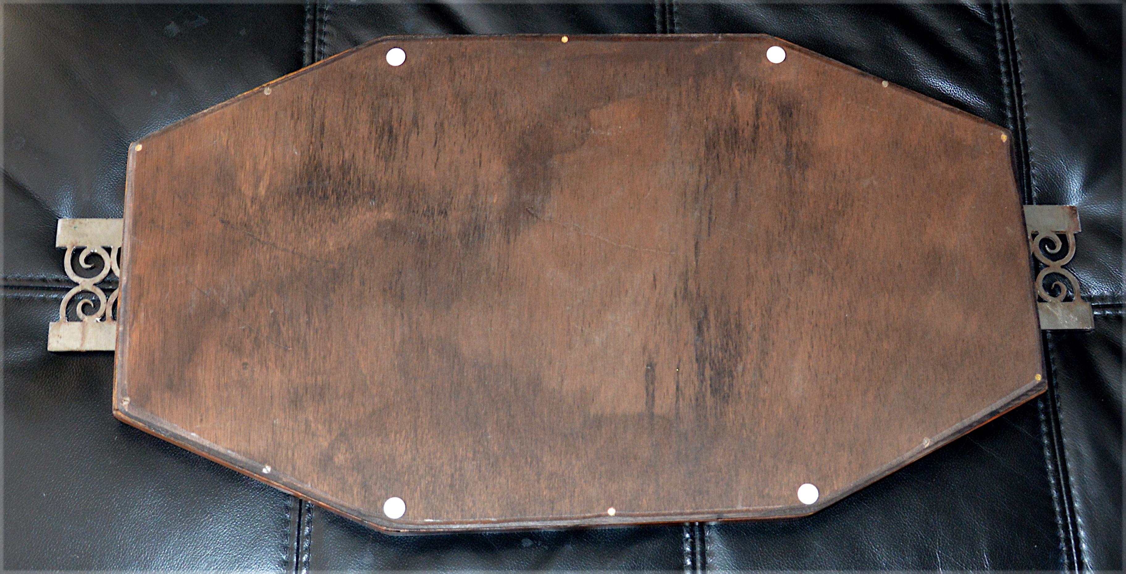 Mirror French Art Deco Walnut and Wrought Iron Tray, 1930s For Sale