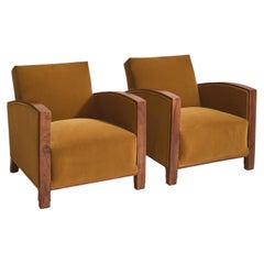 Poltrona Art Déco francese in noce con rivestimento in velluto color cognac, anni '40
