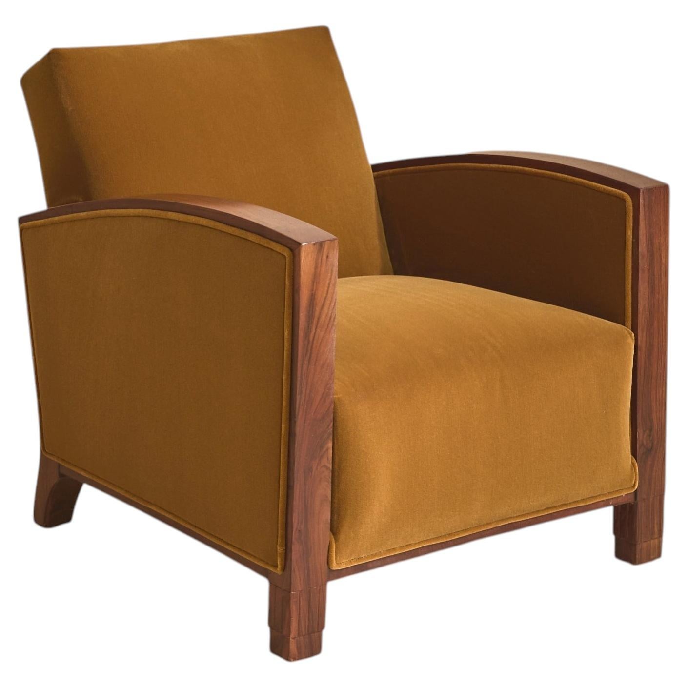 French Art Deco Walnut Armchair with Cognac Velvet Upholstery, 1940s