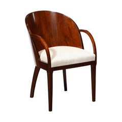 French Art Deco Walnut Barrel Back Arm Chair w/ Klismos Style Legs