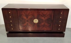 French Art Deco Walnut Burl Sideboard with Brass Handles, 1930s