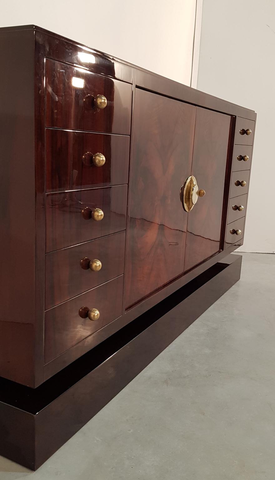 20th Century French Art Deco Walnut Burl Sideboard with Brass Handles, 1930s For Sale