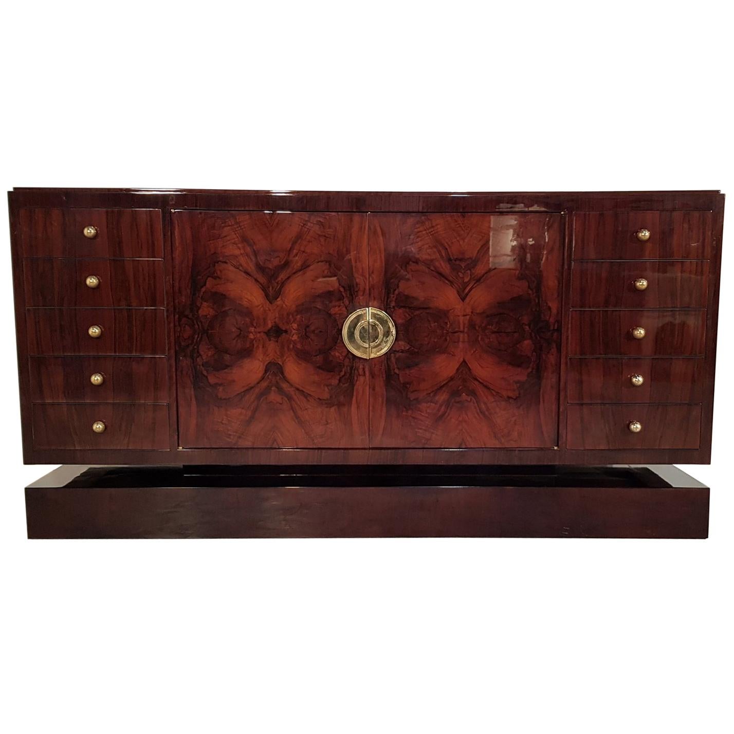 French Art Deco Walnut Burl Sideboard with Brass Handles, 1930s For Sale