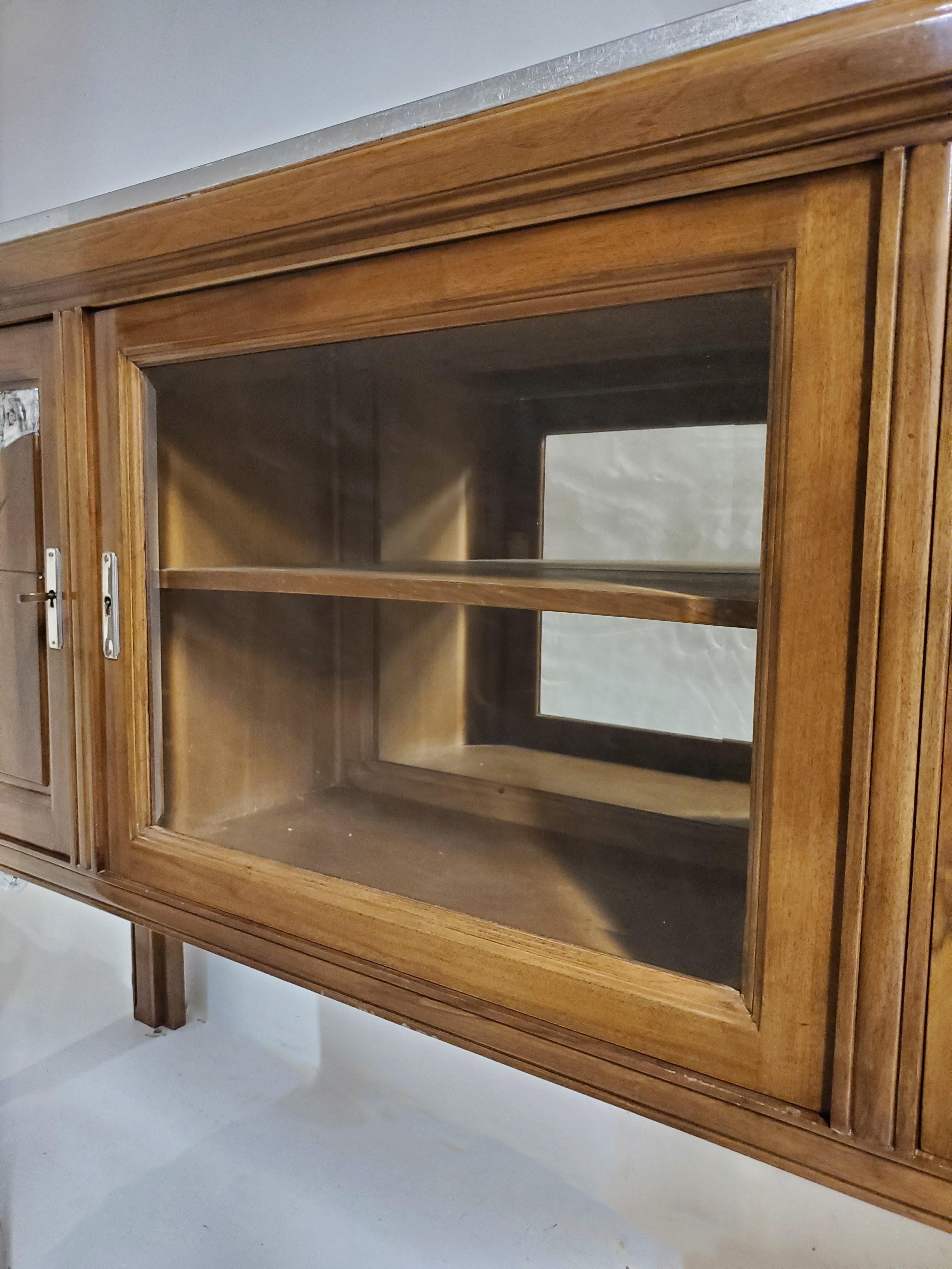 French Art Deco Walnut Cabinet/ Vitrine/ Bar/ Bookcase with Metal Leaf Detail For Sale 9