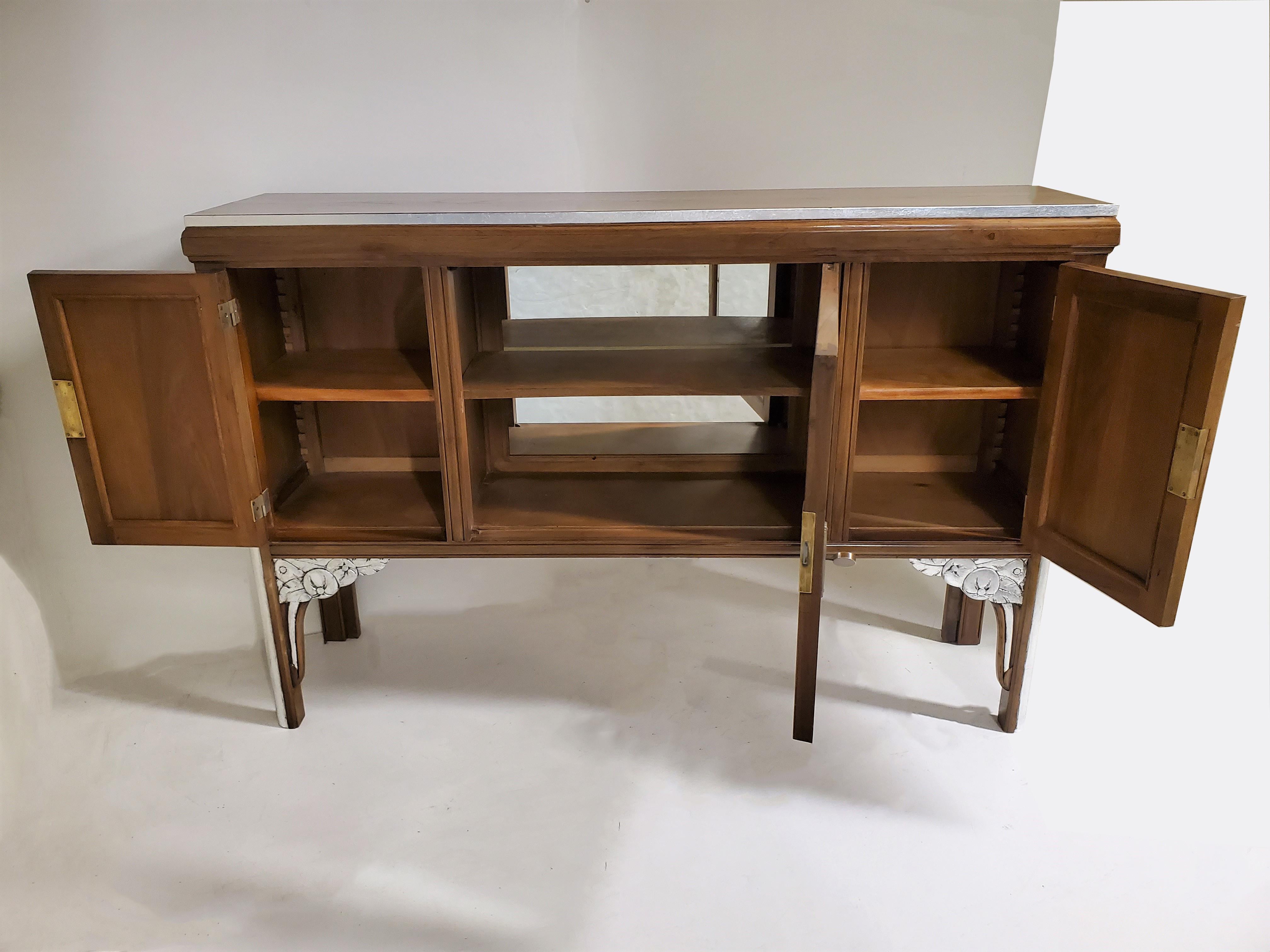French Art Deco Walnut Cabinet/ Vitrine/ Bar/ Bookcase with Metal Leaf Detail For Sale 13