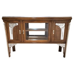 French Art Deco Walnut Cabinet/ Vitrine/ Bar/ Bookcase with Metal Leaf Detail