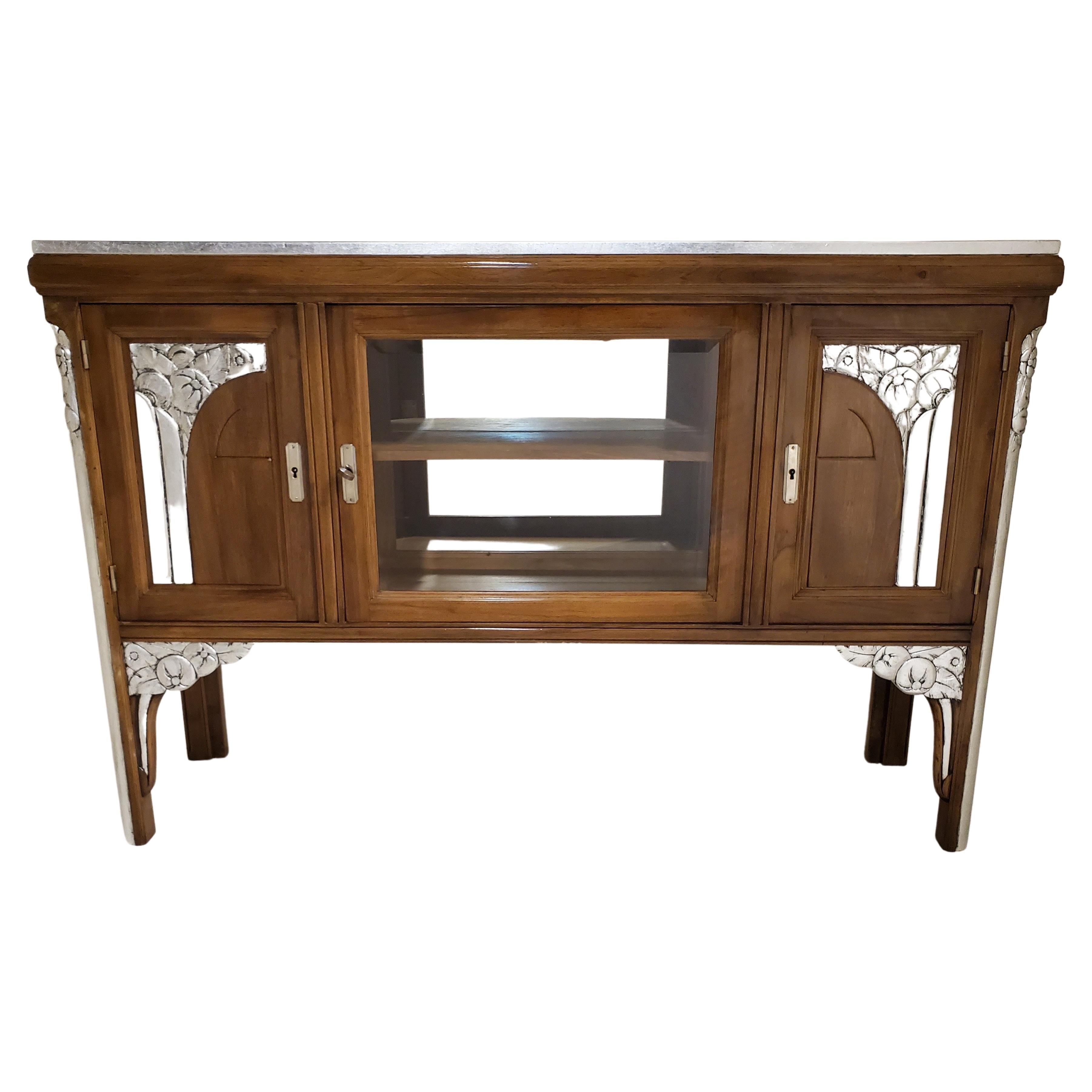 Hand-Carved French Art Deco Walnut Cabinet/ Vitrine/ Bar/ Bookcase with Metal Leaf Detail For Sale