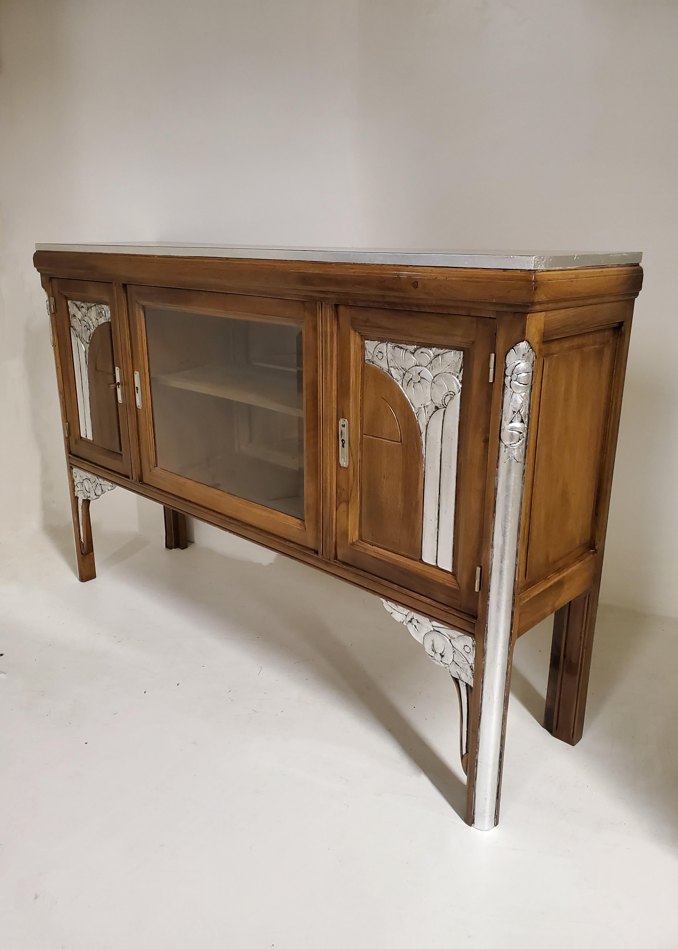 20th Century French Art Deco Walnut Cabinet/ Vitrine/ Bar/ Bookcase with Metal Leaf Detail For Sale