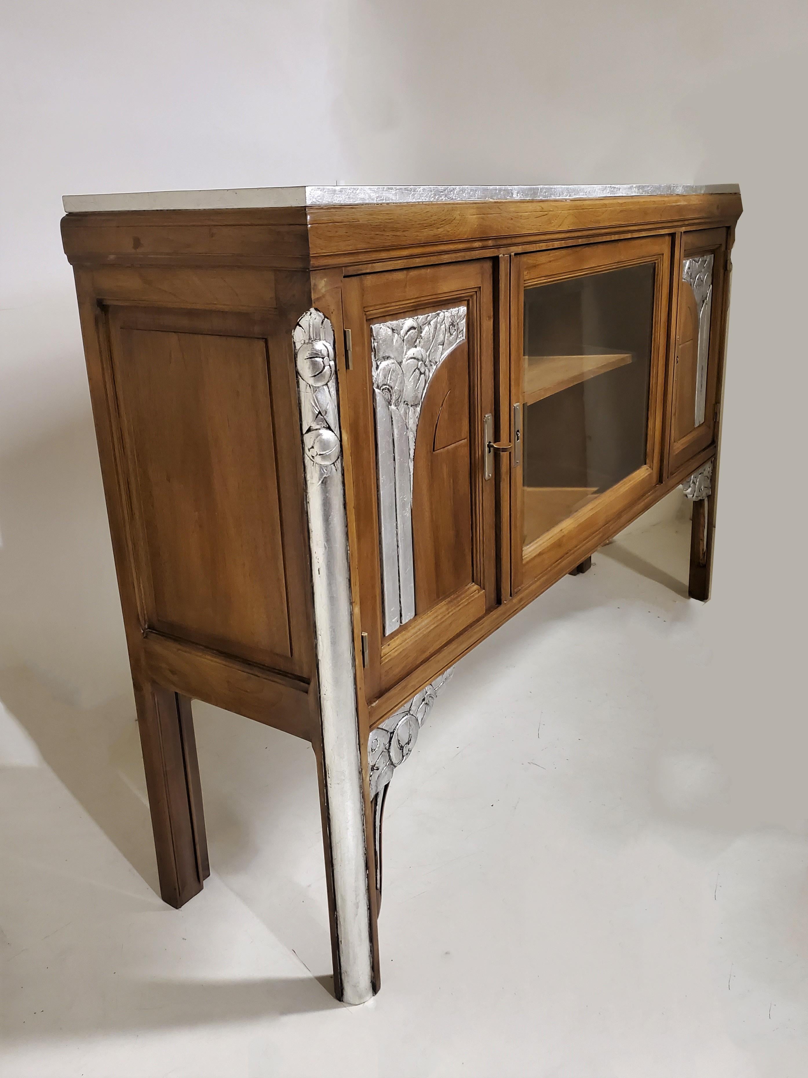 Silver Leaf French Art Deco Walnut Cabinet/ Vitrine/ Bar/ Bookcase with Metal Leaf Detail For Sale