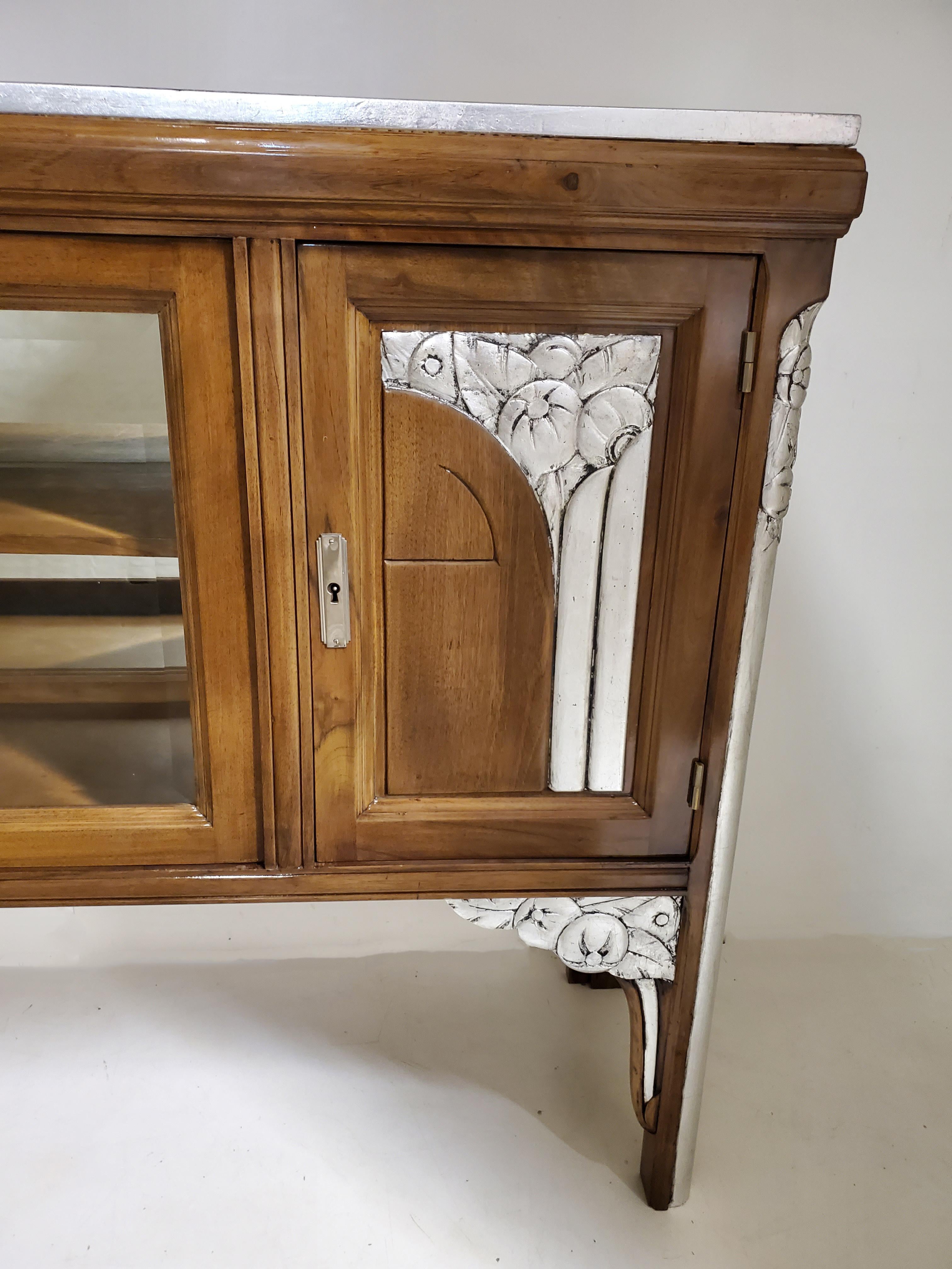 French Art Deco Walnut Cabinet/ Vitrine/ Bar/ Bookcase with Metal Leaf Detail For Sale 3