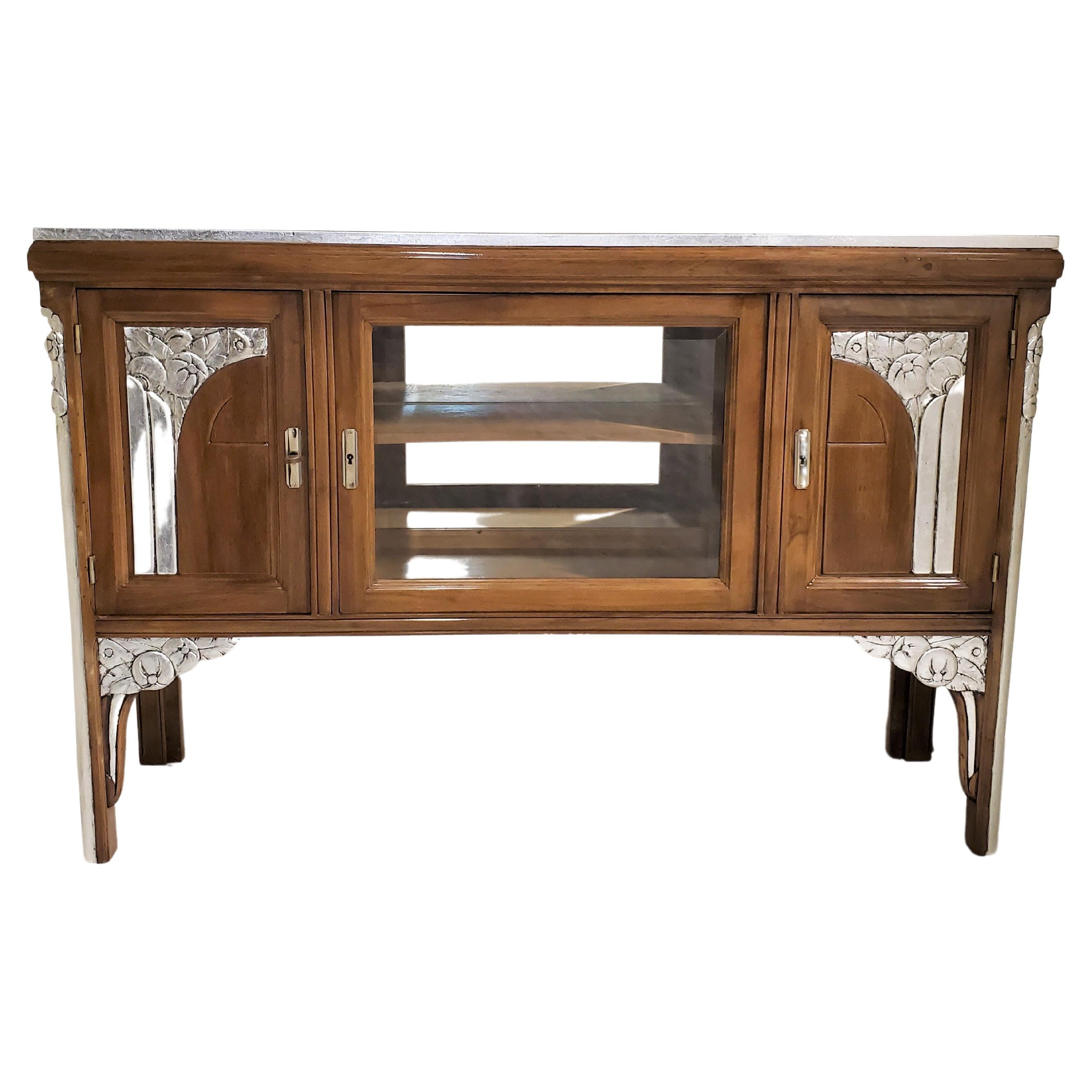 French Art Deco Walnut Cabinet/ Vitrine/ Bar/ Bookcase with Metal Leaf Detail For Sale