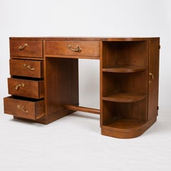 French Art Deco Walnut Desk with Brass Accents, 20th Century, France