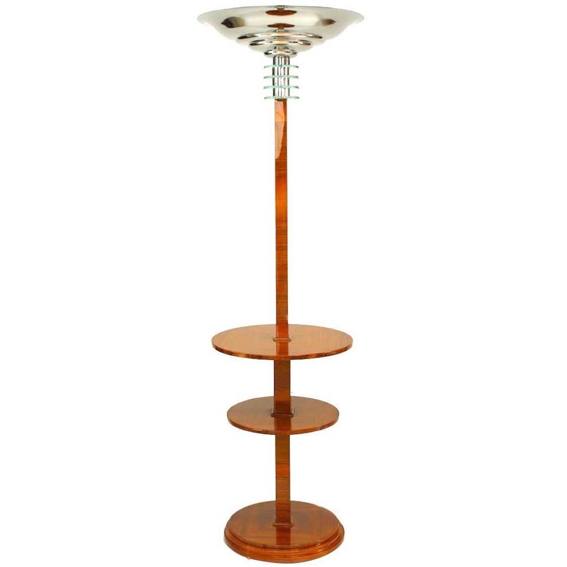 French Art Deco Walnut Floor Lamp With Shelves For Sale