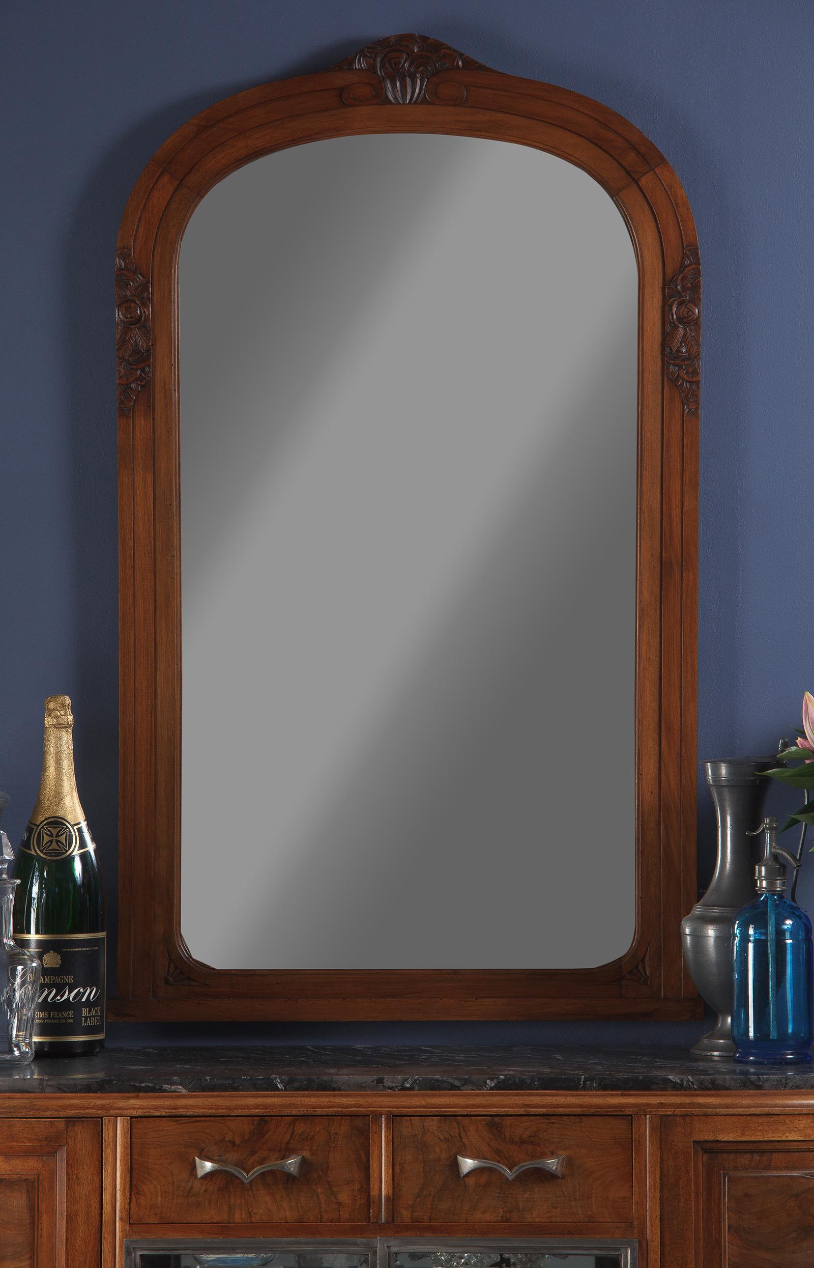 French Art Deco Walnut Frame Beveled Mirror, 1930s 3