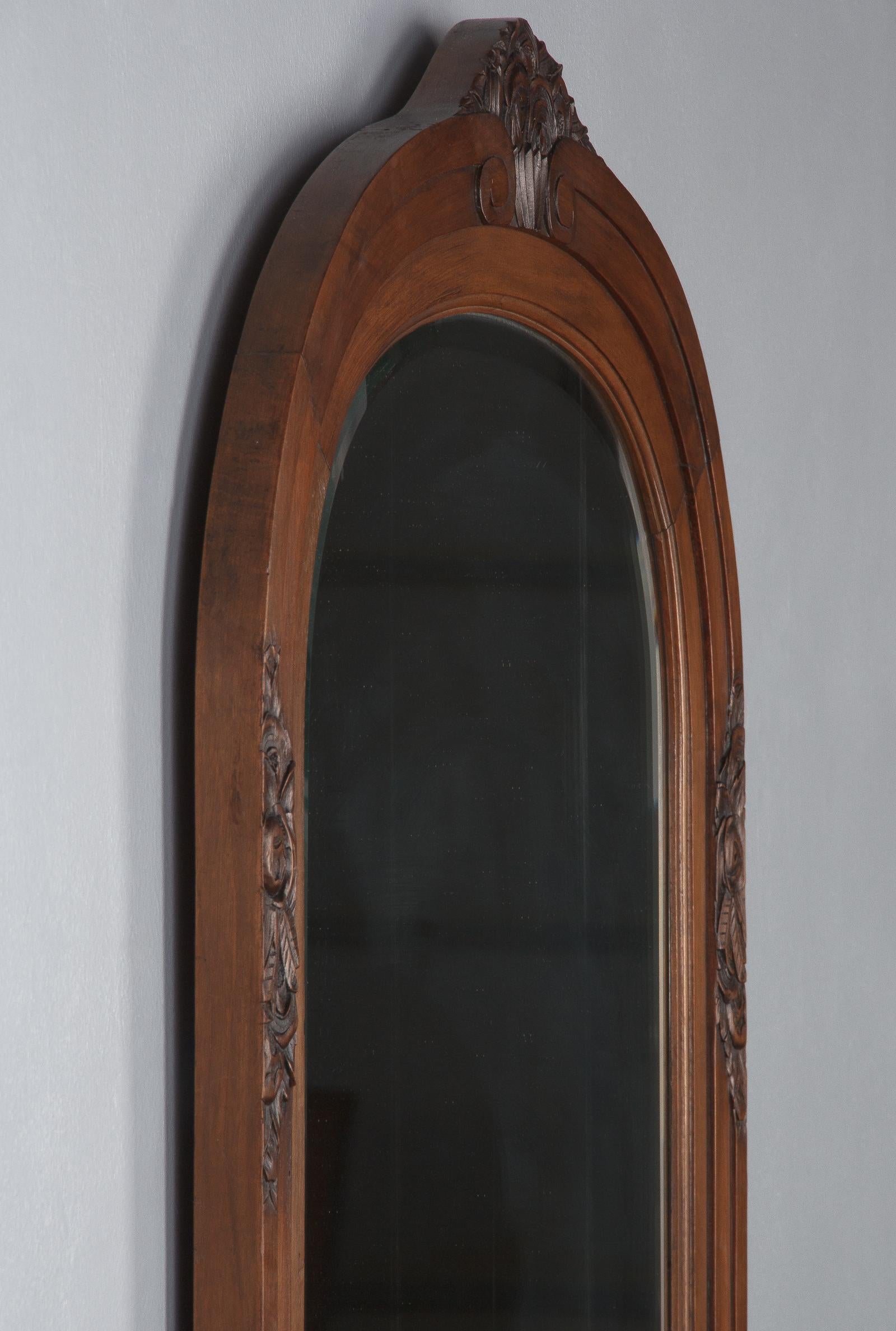 French Art Deco Walnut Frame Beveled Mirror, 1930s 6
