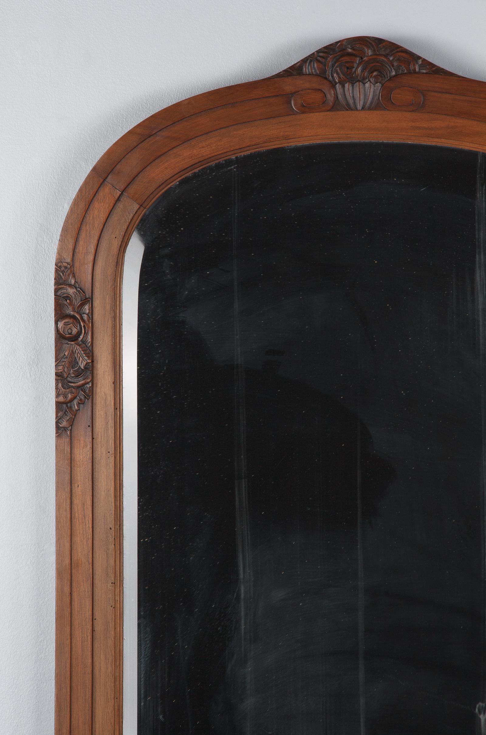 French Art Deco Walnut Frame Beveled Mirror, 1930s 8