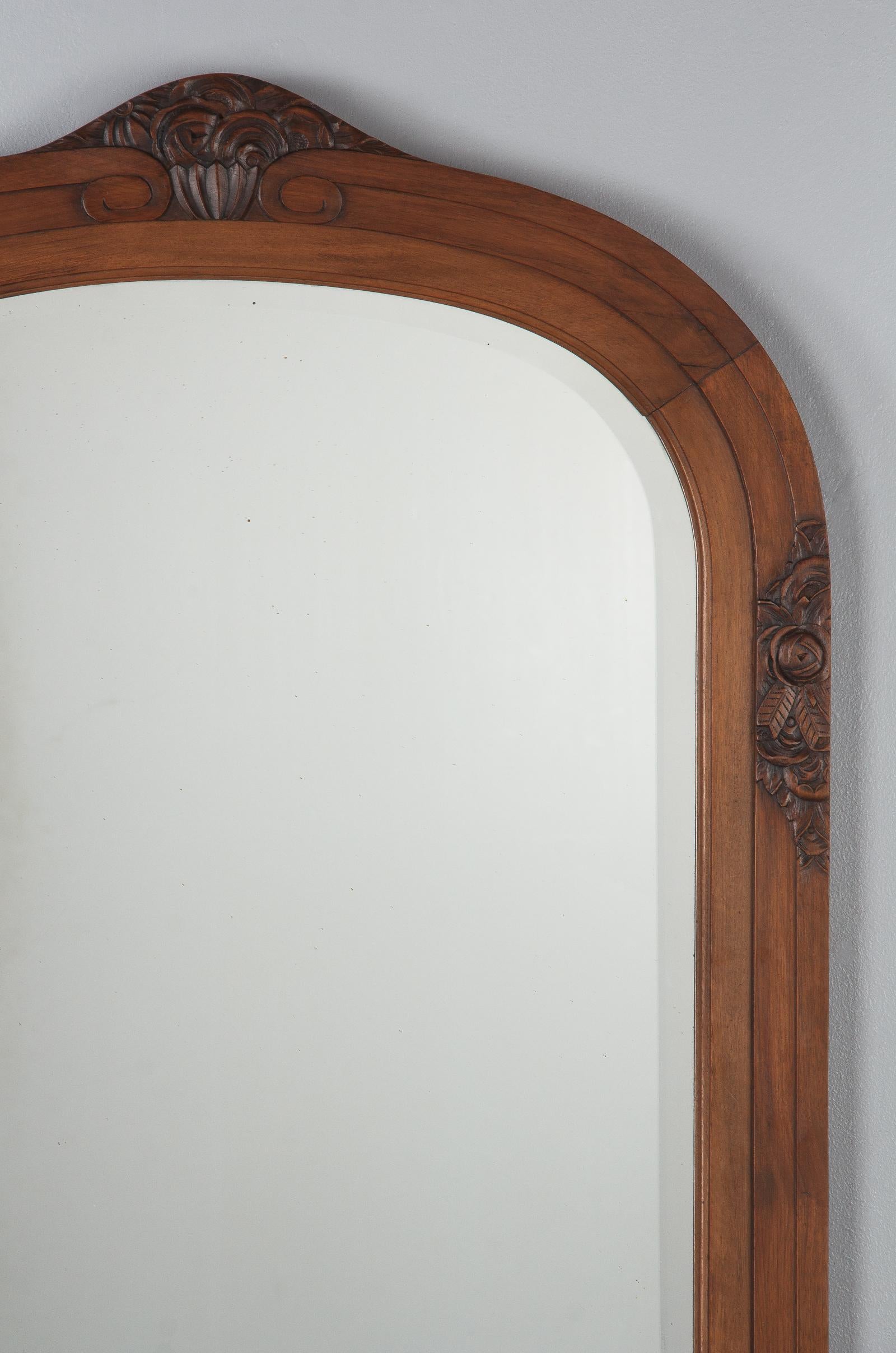 Mid-20th Century French Art Deco Walnut Frame Beveled Mirror, 1930s